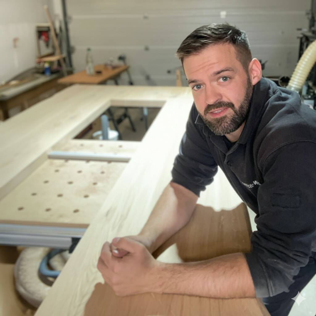 Ortwin Weber in seiner Werkstatt neben einer großen Massivholzplatte. Er bearbeitet das Holz.